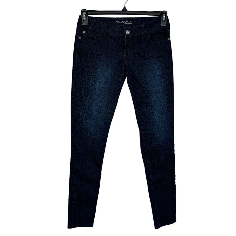 Celebrity Pink JR SZ 3 Skinny Jeans Cheetah Print Low-Rise Pocket Dark Wash Blue